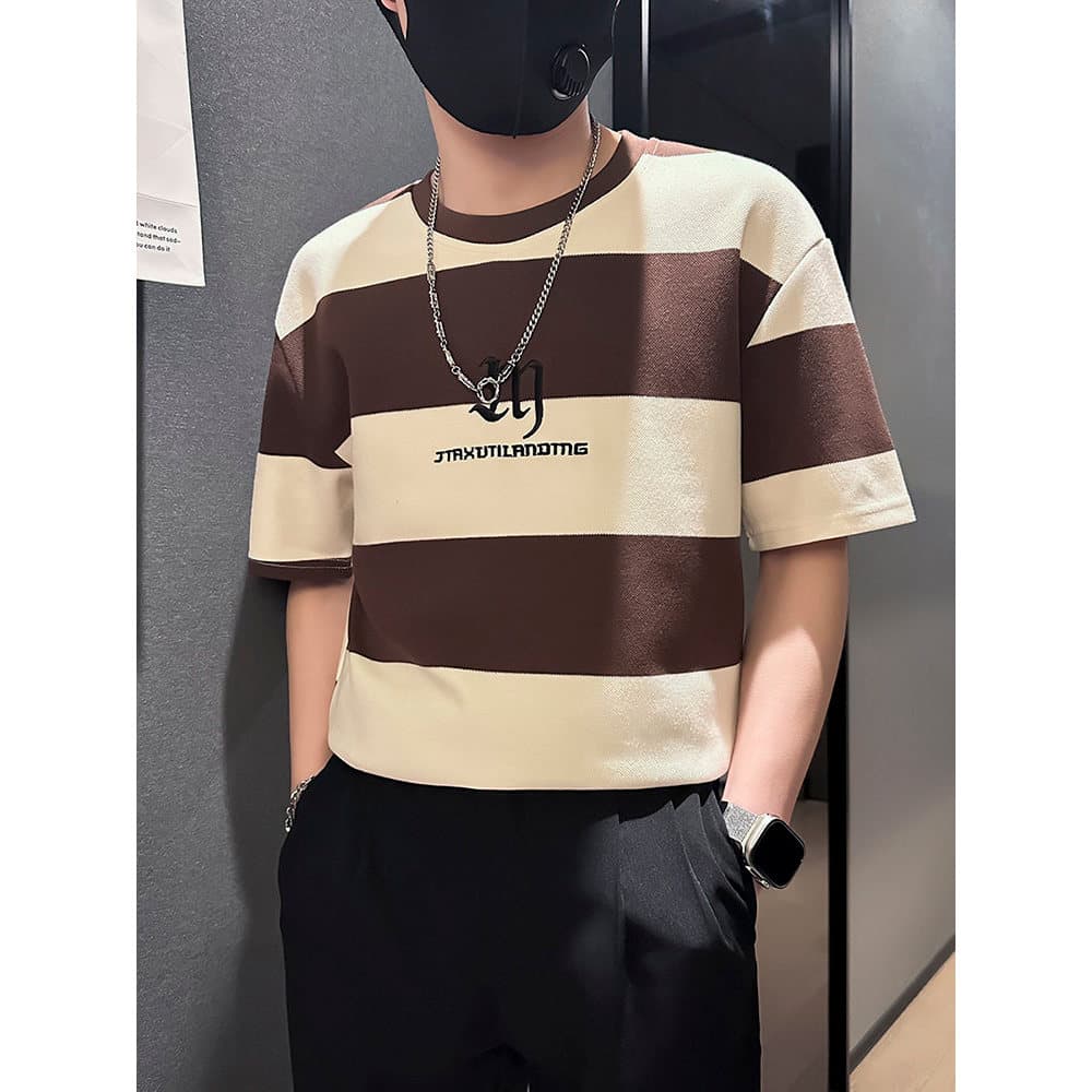 Listrado contraste cor de manga curta masculina verão Street Wear rufião bonito bordado camiseta 2026 novo estilo mascul