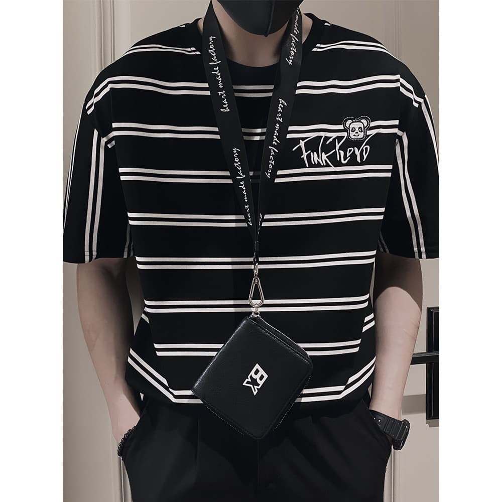 Verão listrado de manga curta camiseta masculina ins Street Wear Puffer bonito bordado roupas superiores masculinas 2023