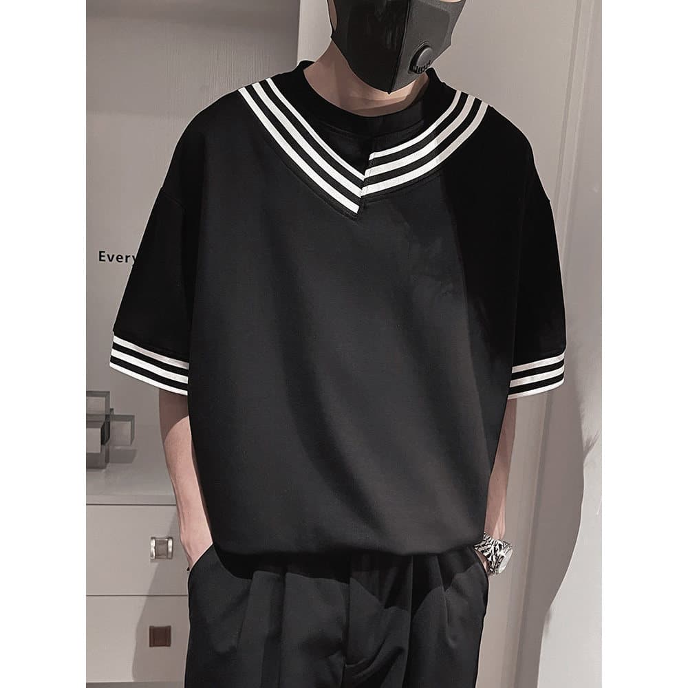 Verão contraste cor listras de manga curta masculina Street Wear rufião bonito All-Match camiseta 2024 novo estilo