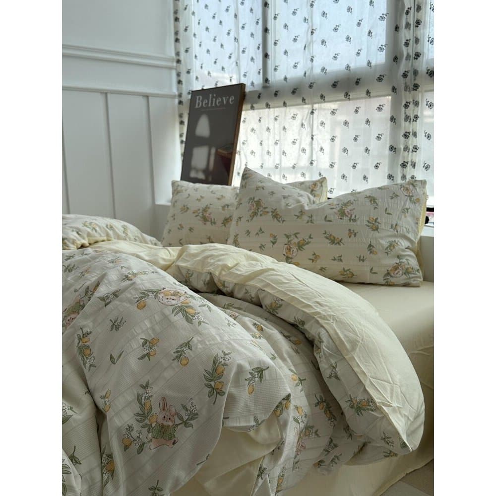 Menina estilo coreano ins fresco limão coelho Seersucker algodão lavado conjunto de quatro peças folha dormitório conjun