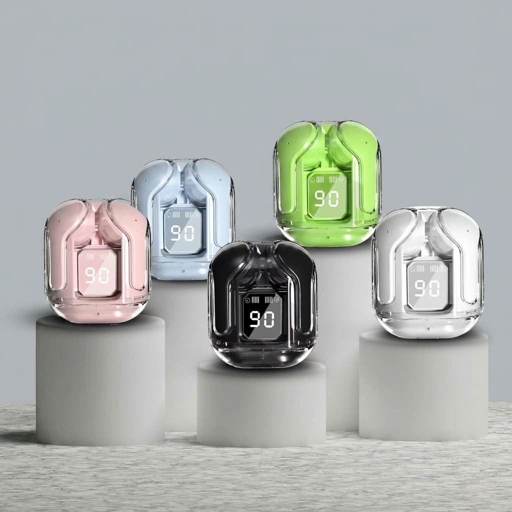 Fone Bluetooth Transparente Air31 TWS Earbuds Sem Fio Visor Digital LED Cores Rosa Azul Verde Branco Preto