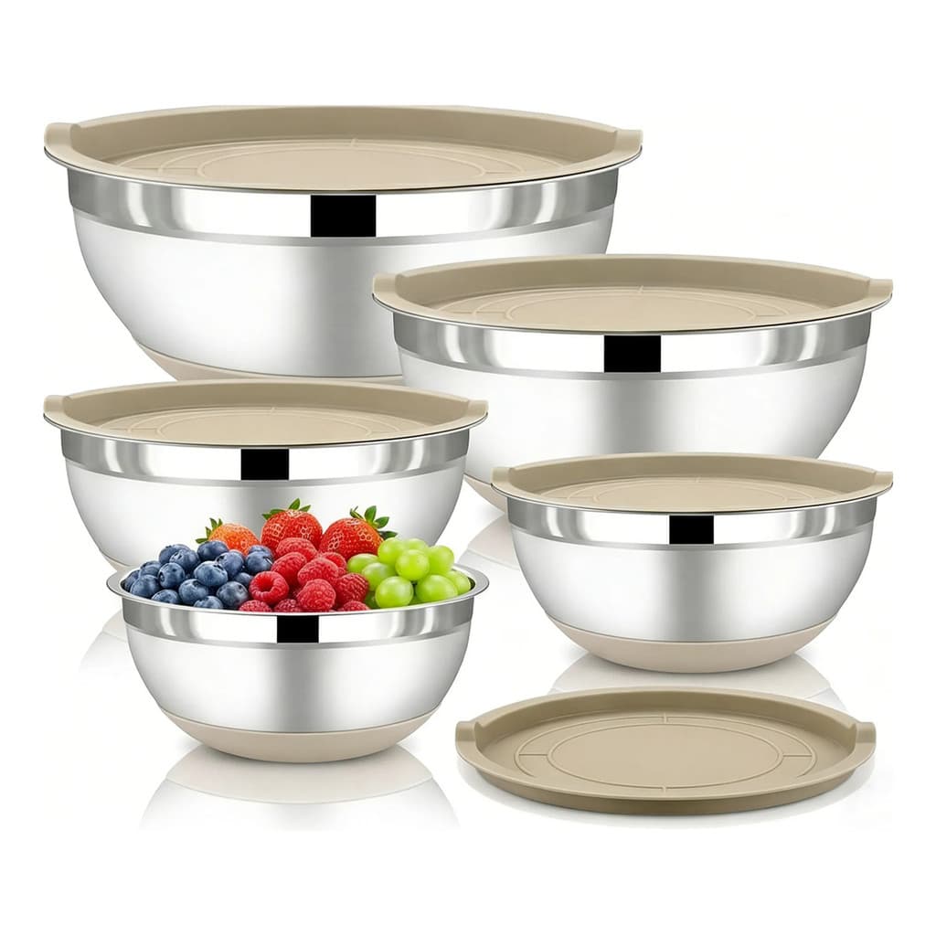 Conjunto 5 Bowls Tigelas Inox Com Tampa Plástica Para Salada E Preparação De Alimentos Cozinha