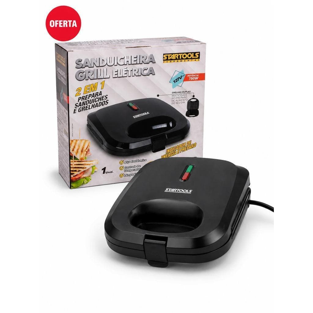 Sanduicheira Grill Elétrica 2 em 1 Startools 750W Antiaderente Para Sanduíches e Grelhados