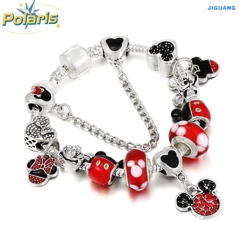 DINGLLY Mickey Minnie Gelang Prata Quente Pulseira De Charme De Cristal De Esmalte Vermelho Para Mulheres