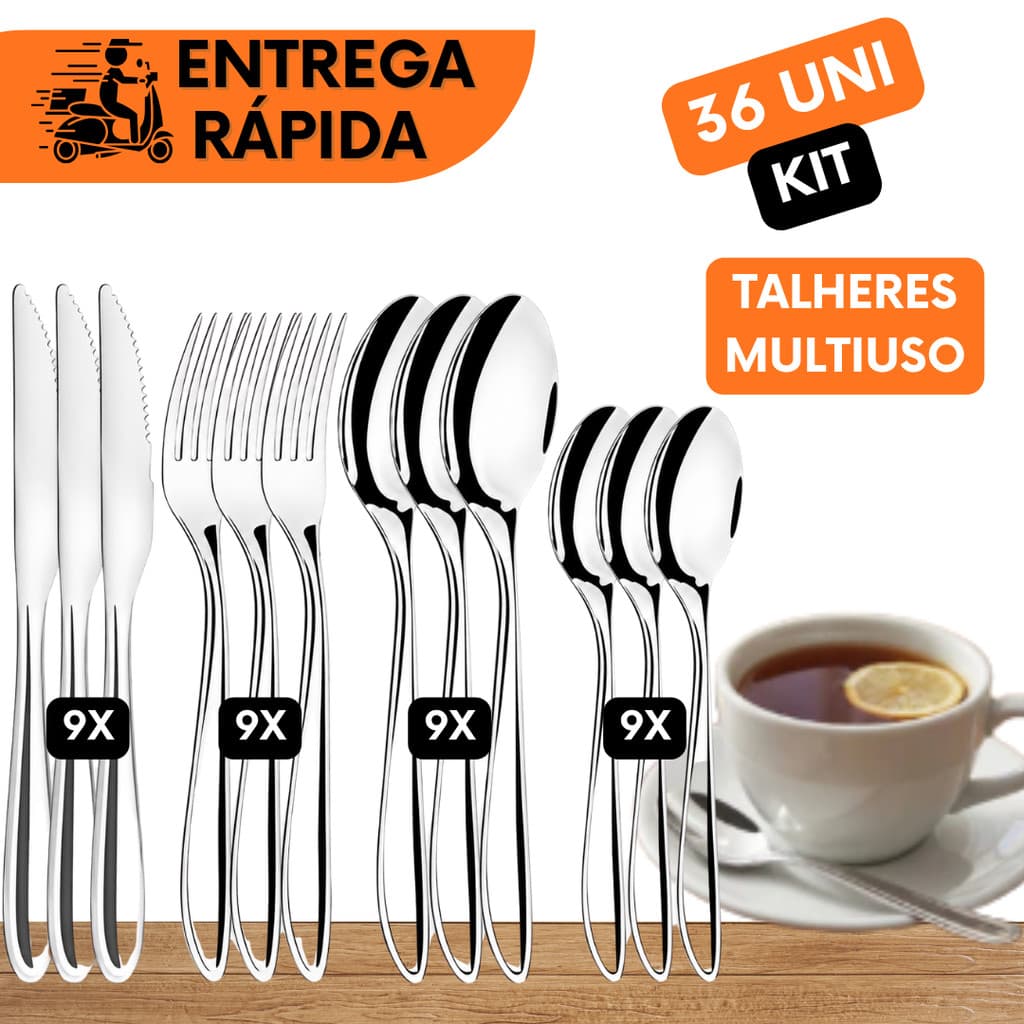 TALHERES 36 PEÇAS FAQUEIRO AÇO INOX 6 FACA 6 GARFO 6 COLHERES DE CHÁ 6 COLHERES DE SOBREMESA