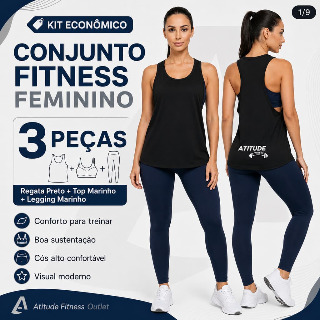 Conjunto Fitness Feminino 3 Peças Regata Cavada Top e Legging Suplex Cós Alto Academia Treino