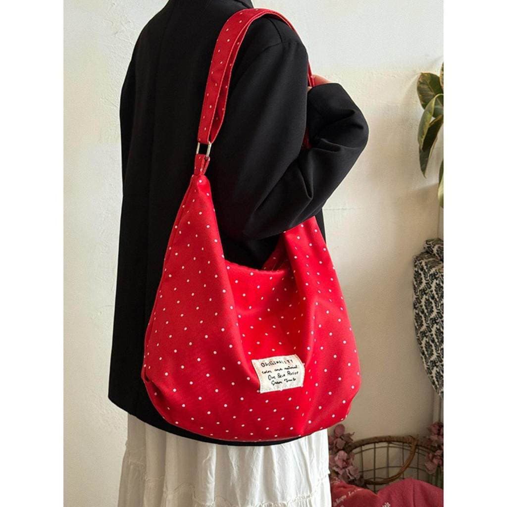 Bolsa de bolinhas vermelha coreana simples bolsa de lona novo estilo grande capacidade bolsa mensageiro de um ombro diár