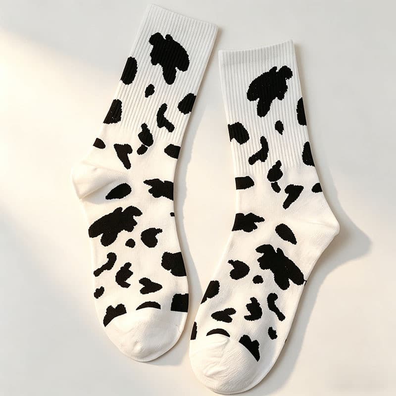 Meias femininas com estampa de vaca, meias de cano médio com blocos de cor, finas, respiráveis, absorventes de suor, mei
