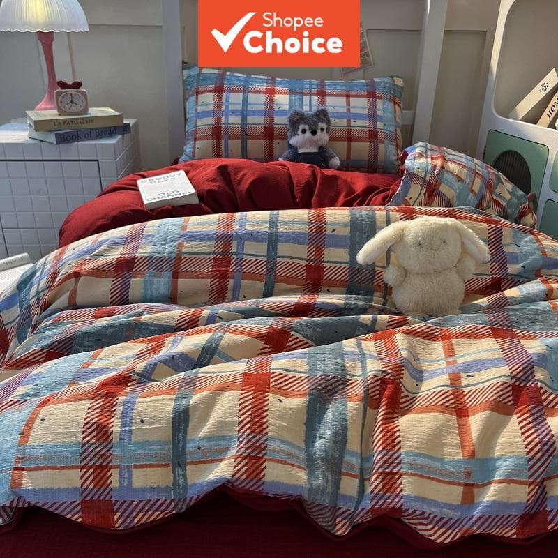 Conjunto de cama xadrez retrô 3 peças, capa de edredom vermelha e azul em algodão macio com fronhas, para decoração de