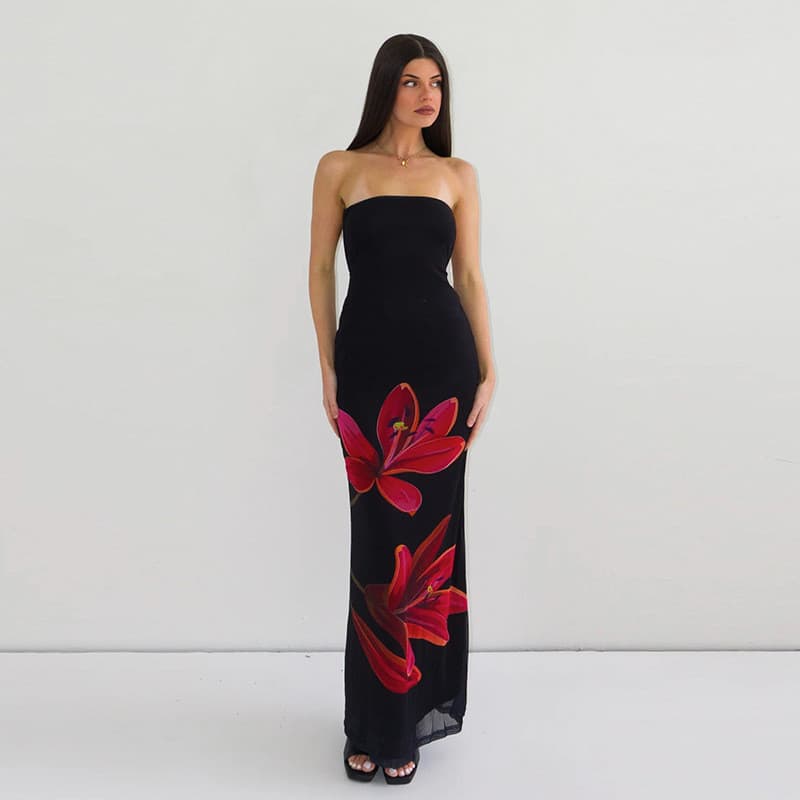 Verão feminino novo estilo exclusivo impresso pescoço plano tubo superior Halter vestido amarrado