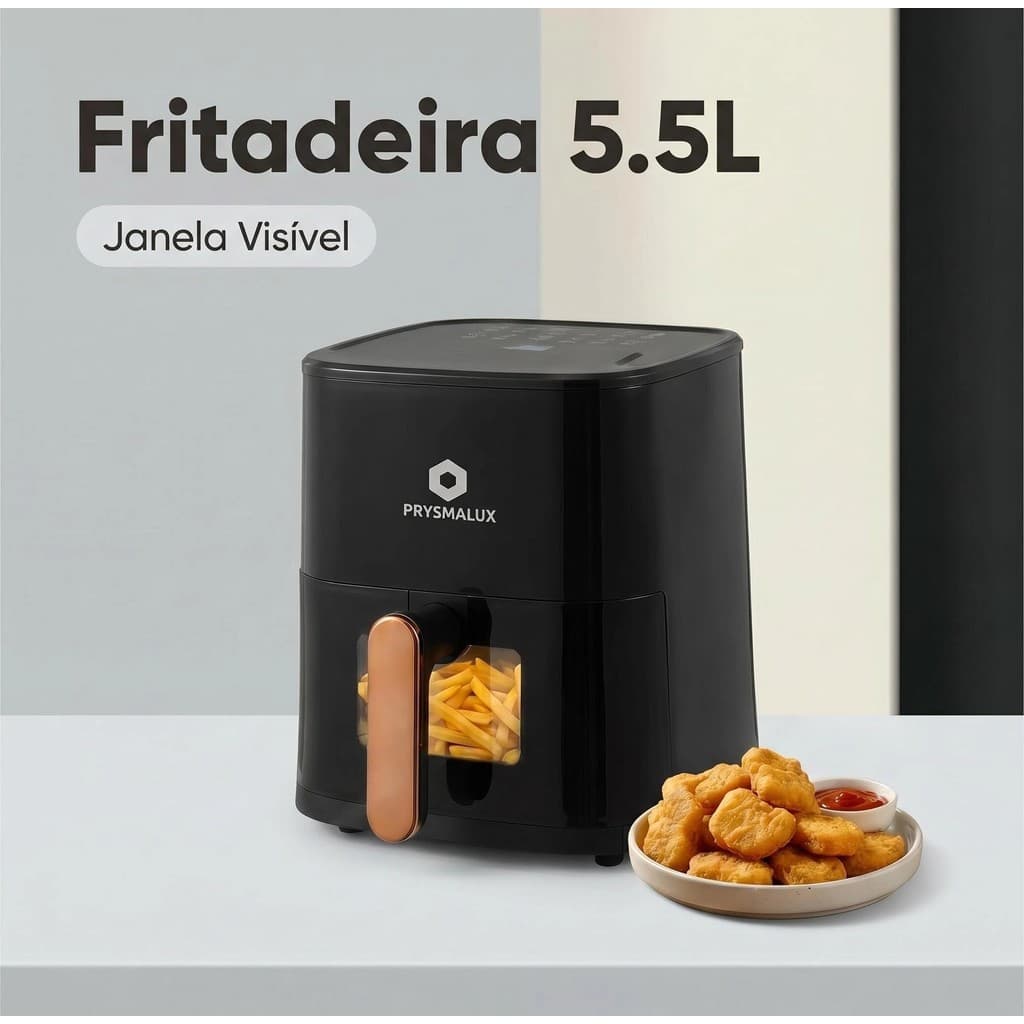 Fritadeira Air Fryer PRYSMALUX 5.5L Visível 1350W, 80% Menos Óleo Temperatura Ajustável 80℃-200℃ Cozinha Rápida Saudável