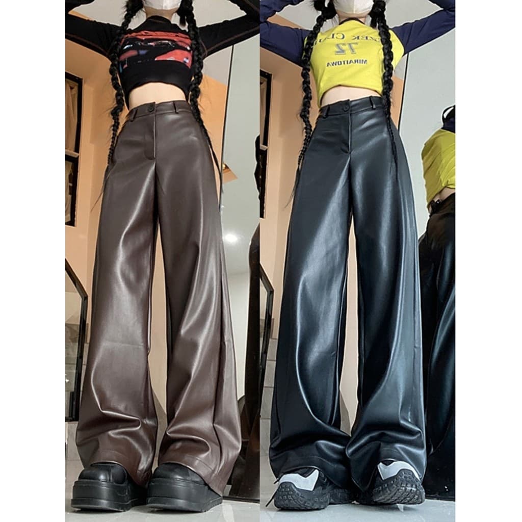 Tamanho grande preto cintura alta calças de couro reto feminino primavera gordura mm quente menina mais magro olhar solt