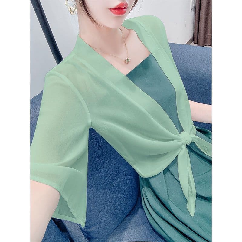 Chiffon malha de manga curta protetor solar camisa feminina verão novo estilo versão coreana elegante pequeno xale camis