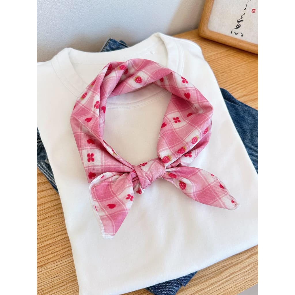Doce morango xadrez puro algodão pequeno lenço quadrado feminino verão lenço de seda cachecol decorativo bandana rabo de
