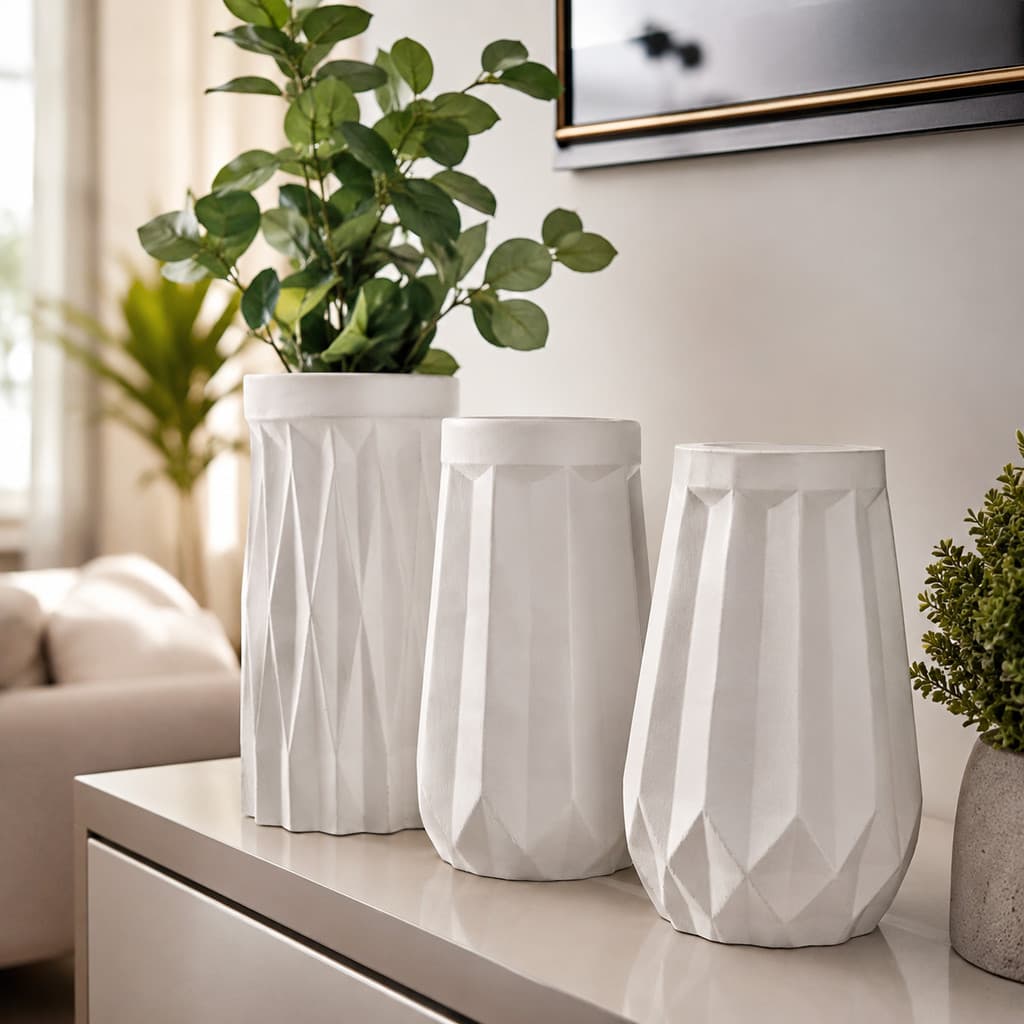 Kit 3 Garrafas Decorativas de Gesso Branco Vasos Decorativos Modernos Geométricos