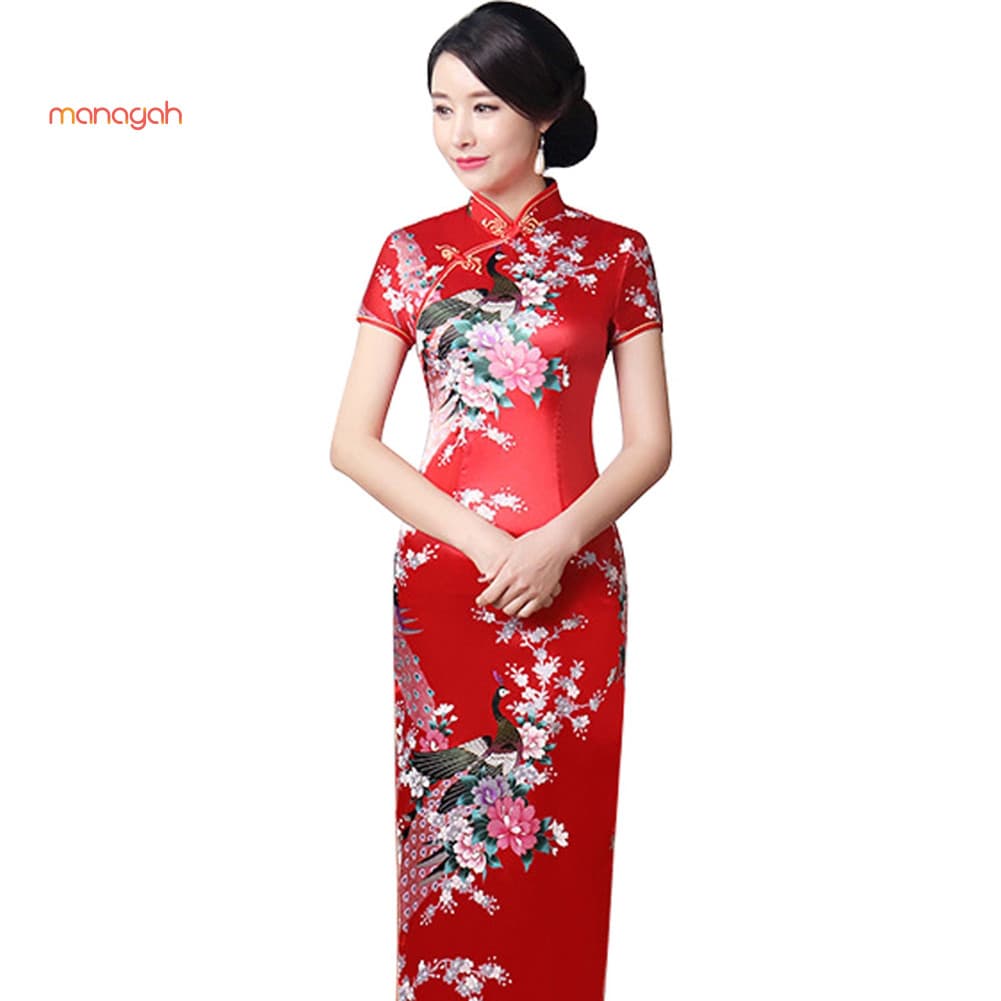 Pavão Estampado Feminino Chinês Longo Cheongsam Dama De Honra Vestido De Noite De Manga Curta