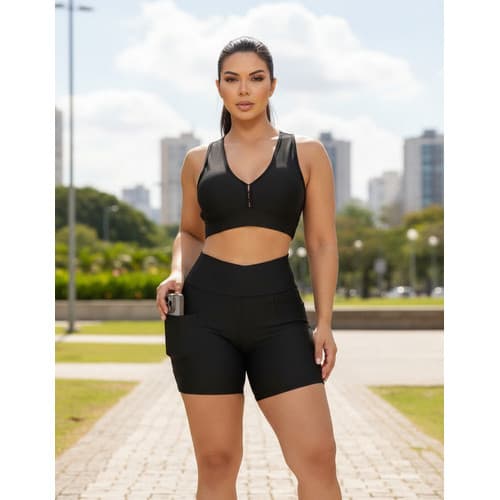 Short Top Conjunto Feminino Academia Vestir Leve Duplo Bolso