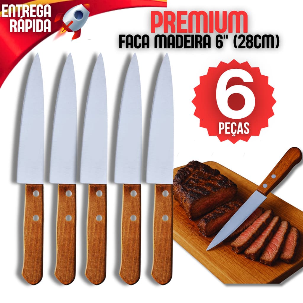Kit 6 Facas de Cozinha Aço Inox Cabo de Madeira 6" Legumes Churrasco Churrasqueira Carne Salada Casa