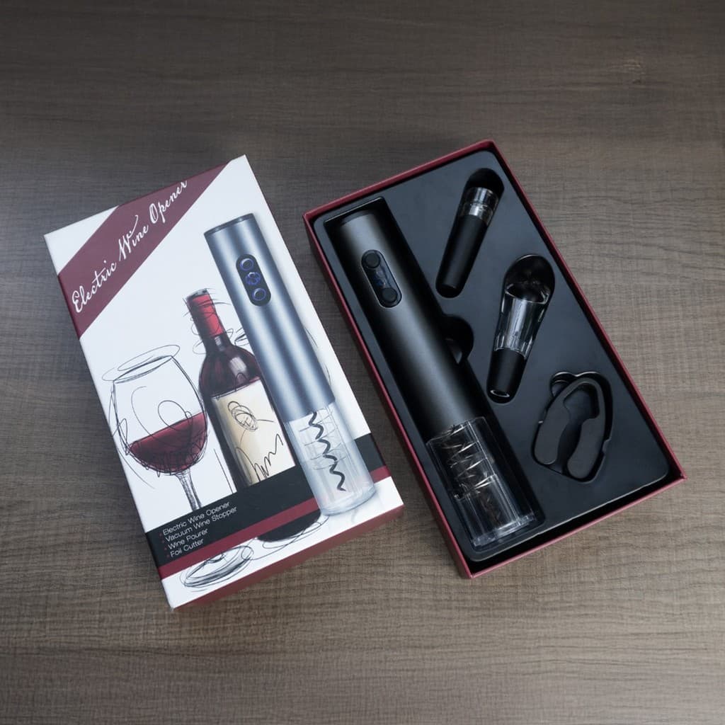 Kit Abridor Elétrico Garrafa de Vinho Saca Rolha Automático 4 Peças Cortador Rolha a Vácuo e Dosador