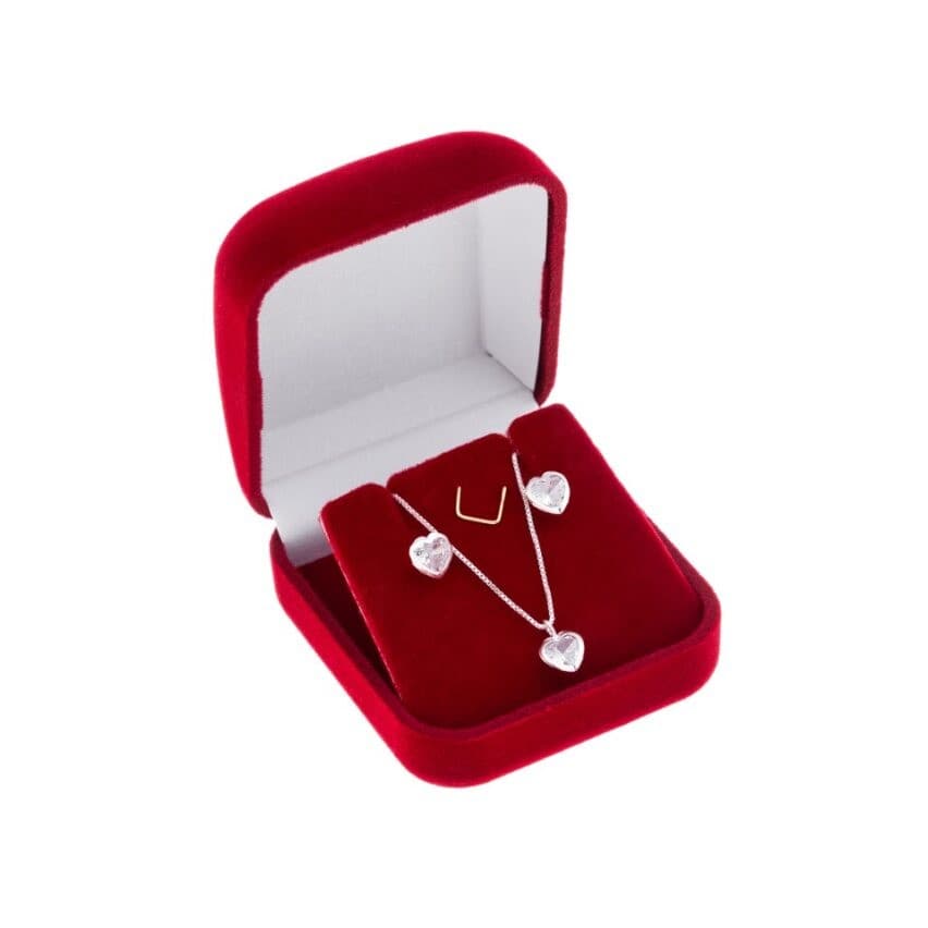 Conjunto Feminino Par de Brincos e Colar Pingente Coração Zircônia  + Caixinha Veludo