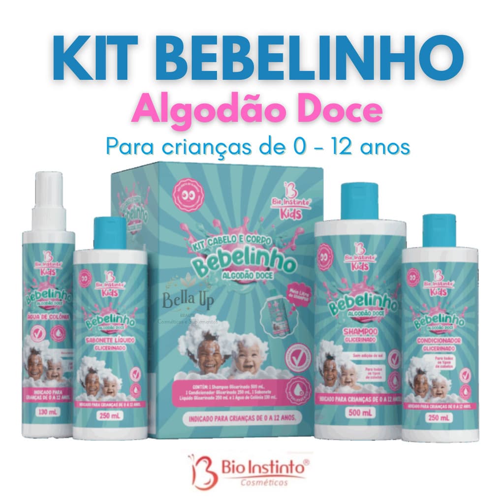Kit Infantil Bebelinho Bio Instinto Kids Algodão Doce – Shampoo, Condicionador, Sabonete, Colônia – 0 a 12 Anos