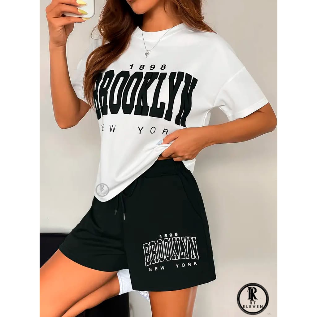 kit conjunto "FEMININO " Brooklyn-New york  short moletom + blusinha 100% algodão feminina camiseta e shorts p academia