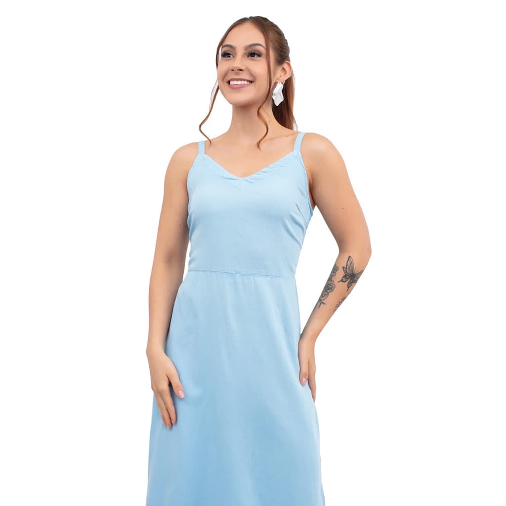 VESTIDO MIDI DECOTE V LASTEX FEMININO ALÇA CAMBOS JEANS
