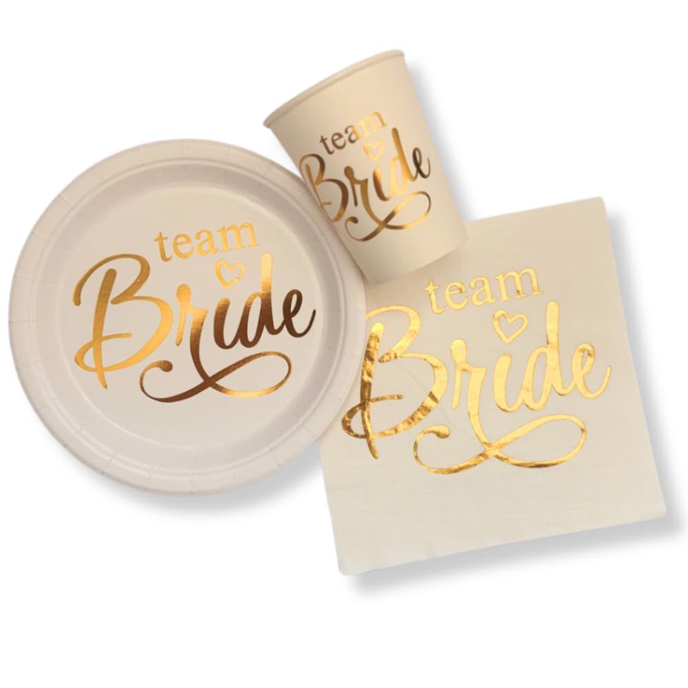 Kit Copo Prato e Guardanapo de papel Team Bride Rose Gold e Dourado Time da Noiva Despedida Solteira