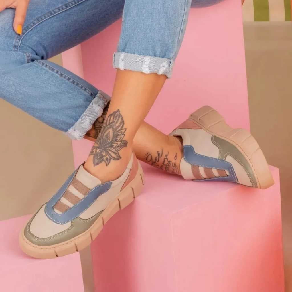 Tênis Feminino Moderno Couro Legítimo Elástico Conforto Estilo Colorido