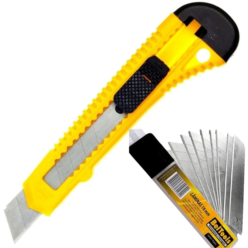 1 ESTILETE PLASTICO COM LÂMINA DE 18MM LARGO BELTOOLS + 10 LÂMINAS