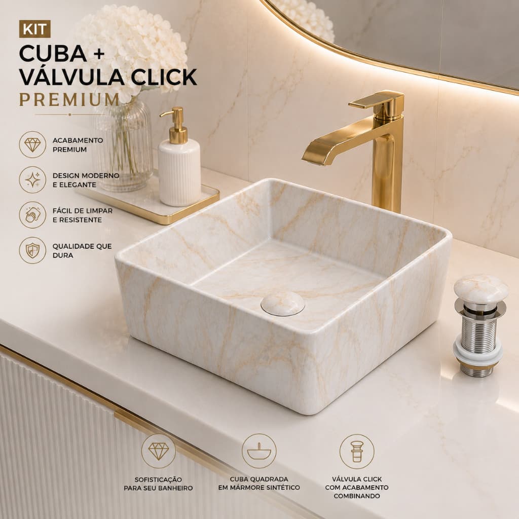 Kit Cuba De Apoio Quadrada 39x39cm Everfort  Louça Premium + Válvula click