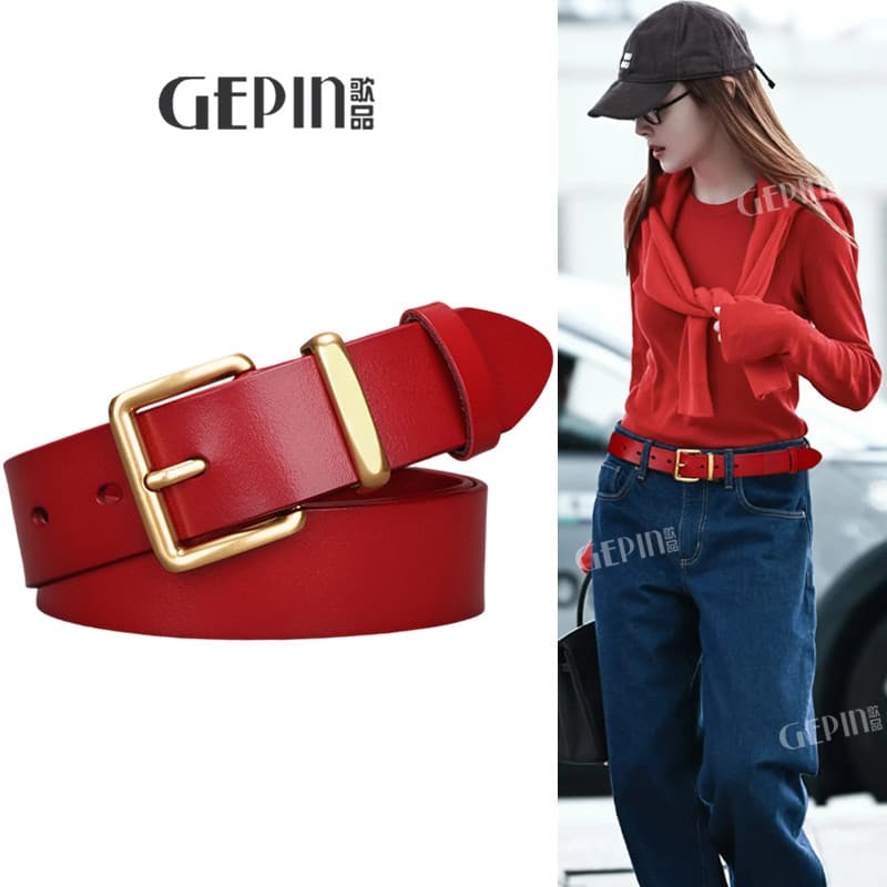 Retro vermelho couro cinto largo feminino Jeans acessórios nicho Design All-Match pino fivela 2026 novo estilo cinto