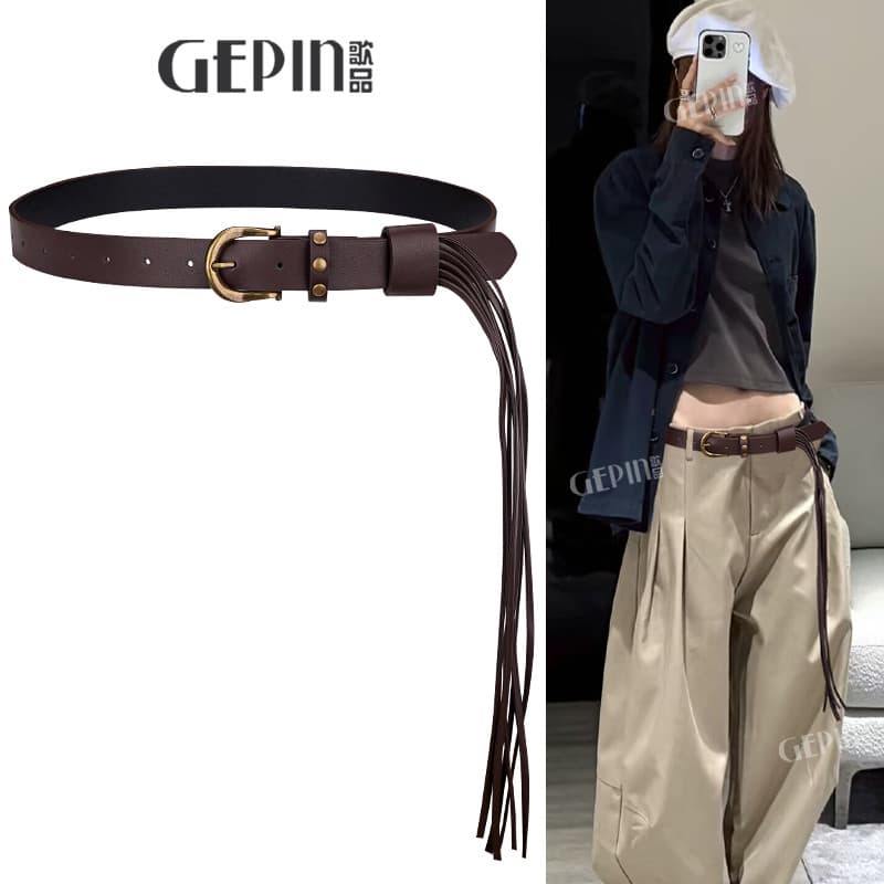 Rebite decoração borla cinto feminino combinando Jeans Retro nicho Design sentir 2026 novo estilo café cor cinto preto