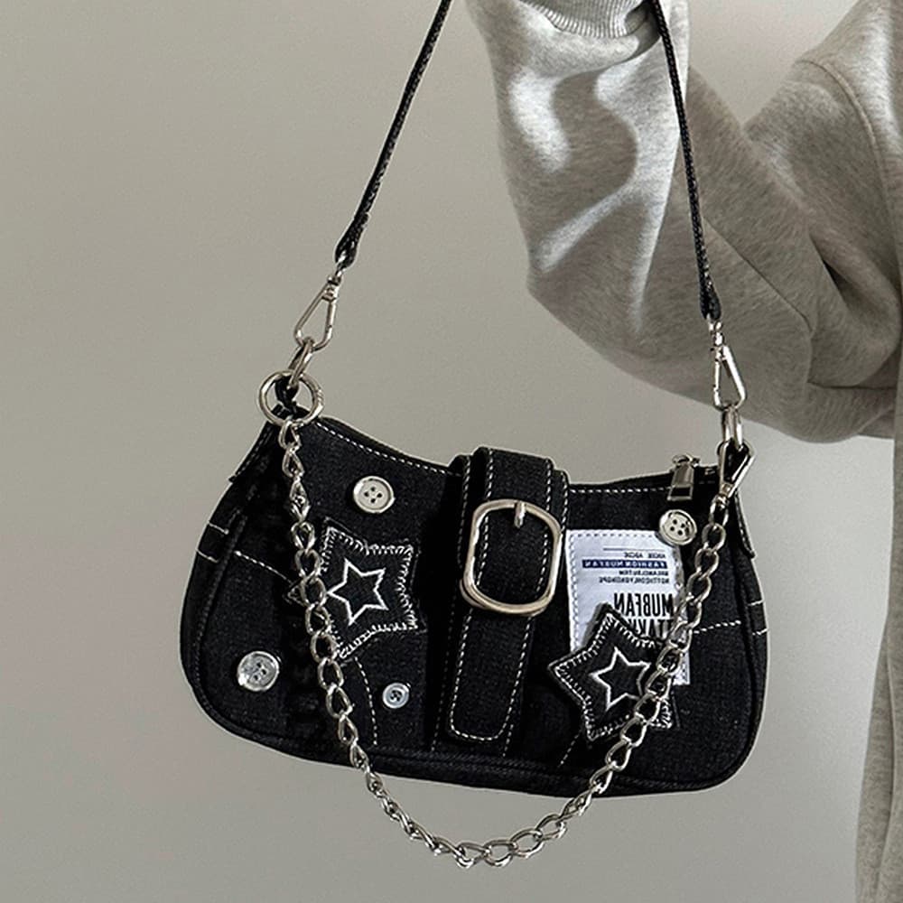 Star Denim Fashion Bag Coroa Crescente Corrente de Lona FEMININA DE OMBRO ALÇA MEIA LUA