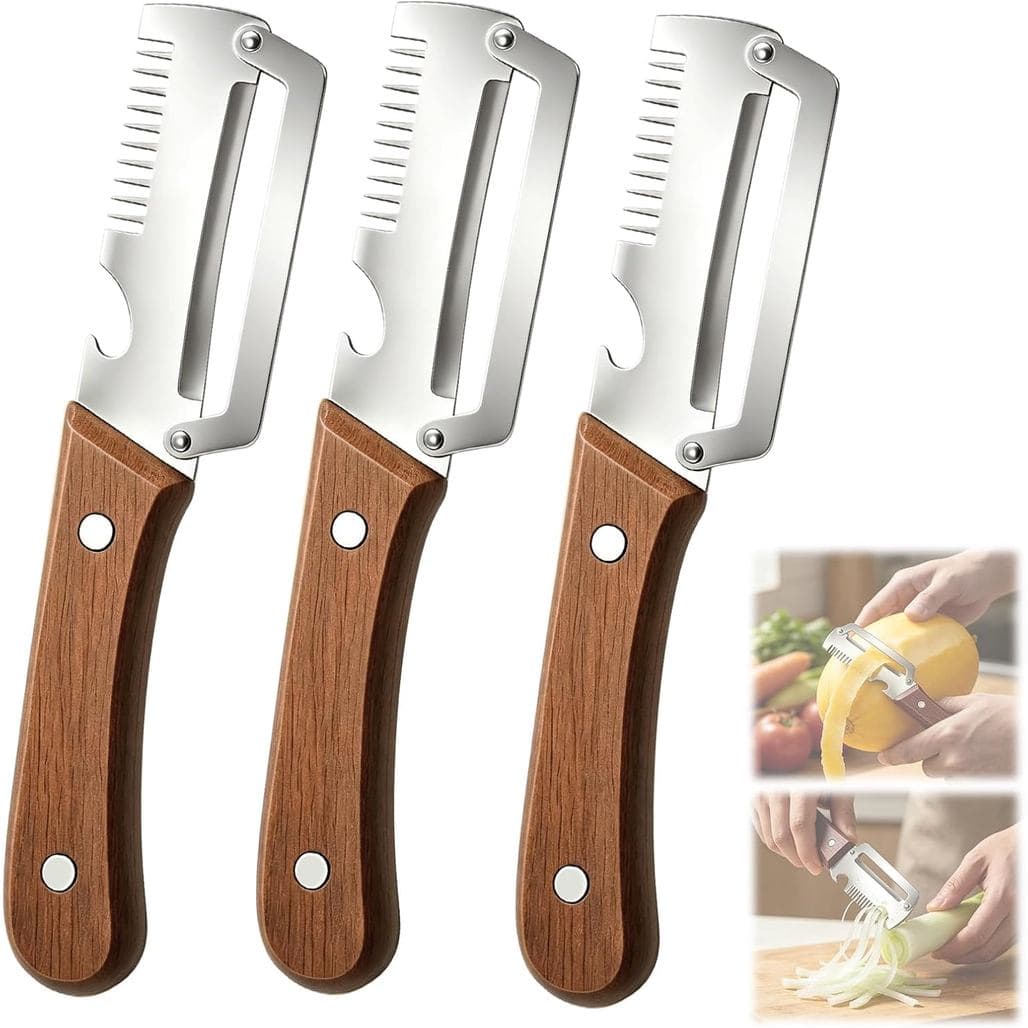 3 Peças Descascador Multifuncional de Vegetais, 3 em 1 utensílios de cozinha, com cabo de madeira, abridor de garrafas e