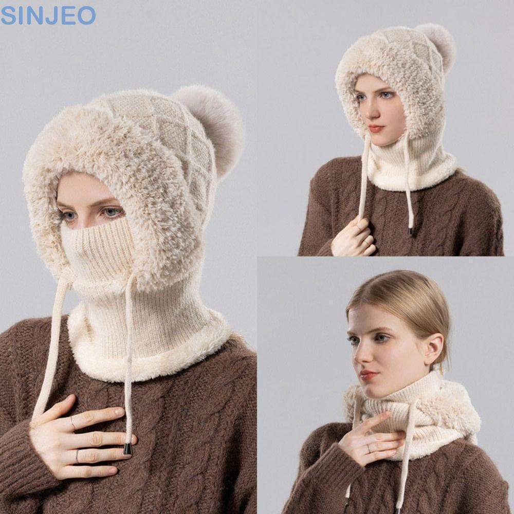 Desce Conjunto De Máscara De Pele De Inverno , Cachecol De Pelúcia De Cor Sólida , Chapéu Multifuncional Balaclavas De P
