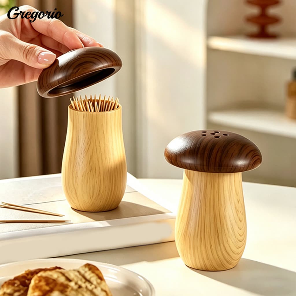 Mushroom Toothpick Box Wear-resistant Holder Wood Grain with Dust-proof Lid – Vintage Style Dispenser Organizer for Ho