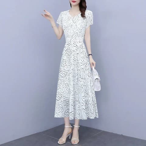2026 novo estilo fino-ajuste tamanho grande capa barriga Floral fada saia longa branco impresso Chiffon vestido feminino