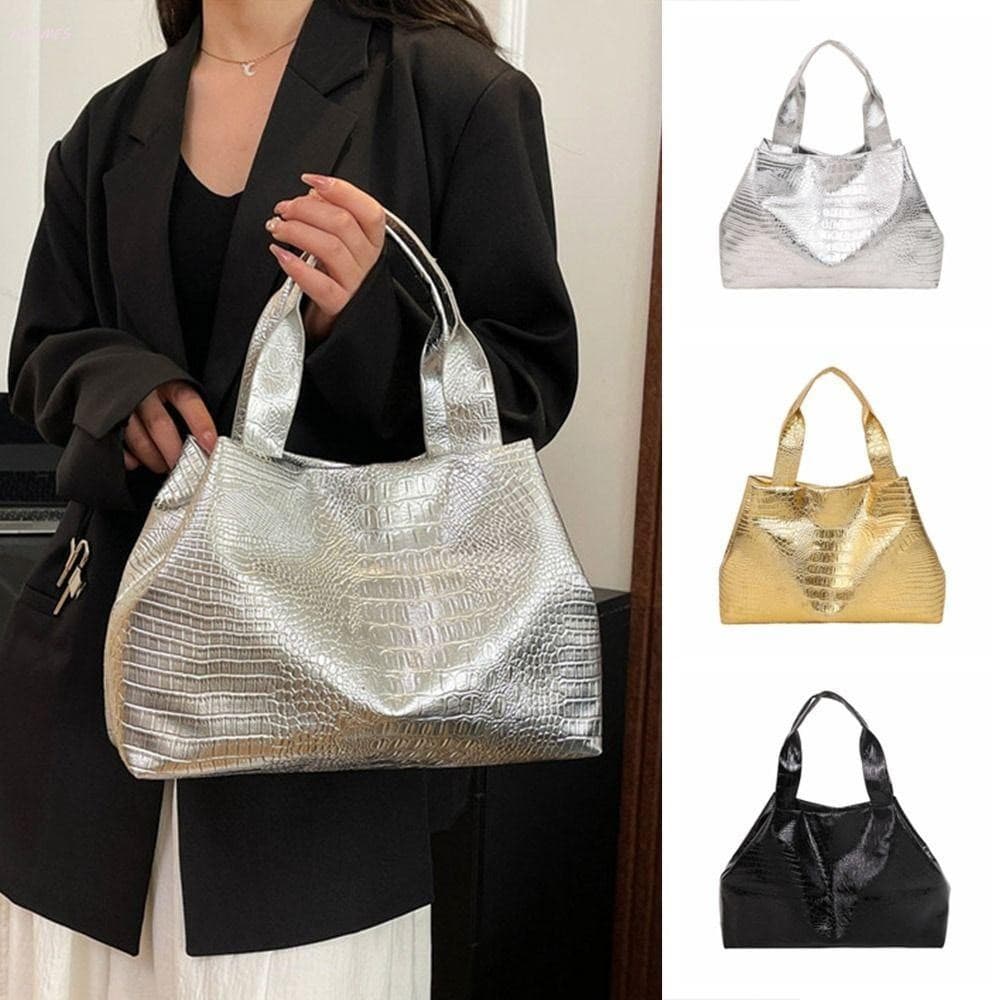 Bolsa Tote Feminina ADAMES , De Mão De Crocodilo Preto Dourado Prateado Ombro Casual De Luxo