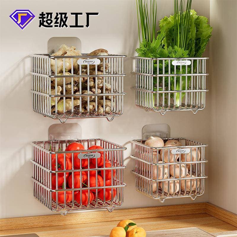 Cesta de vegetais de parede em aço inoxidável, prateleira de cozinha, cesta de drenagem, gengibre, alho, bancada multifu
