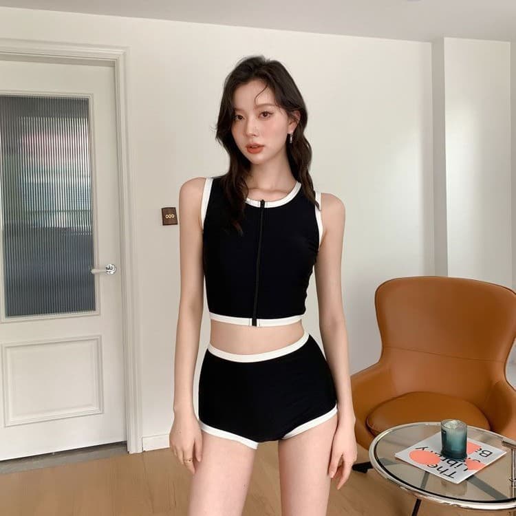 Cat House Japonês Estilo Coreano Gola Redonda Colete Estilo Preto Branco Contraste Cor Bainha Reunindo Olhar Mais Magro