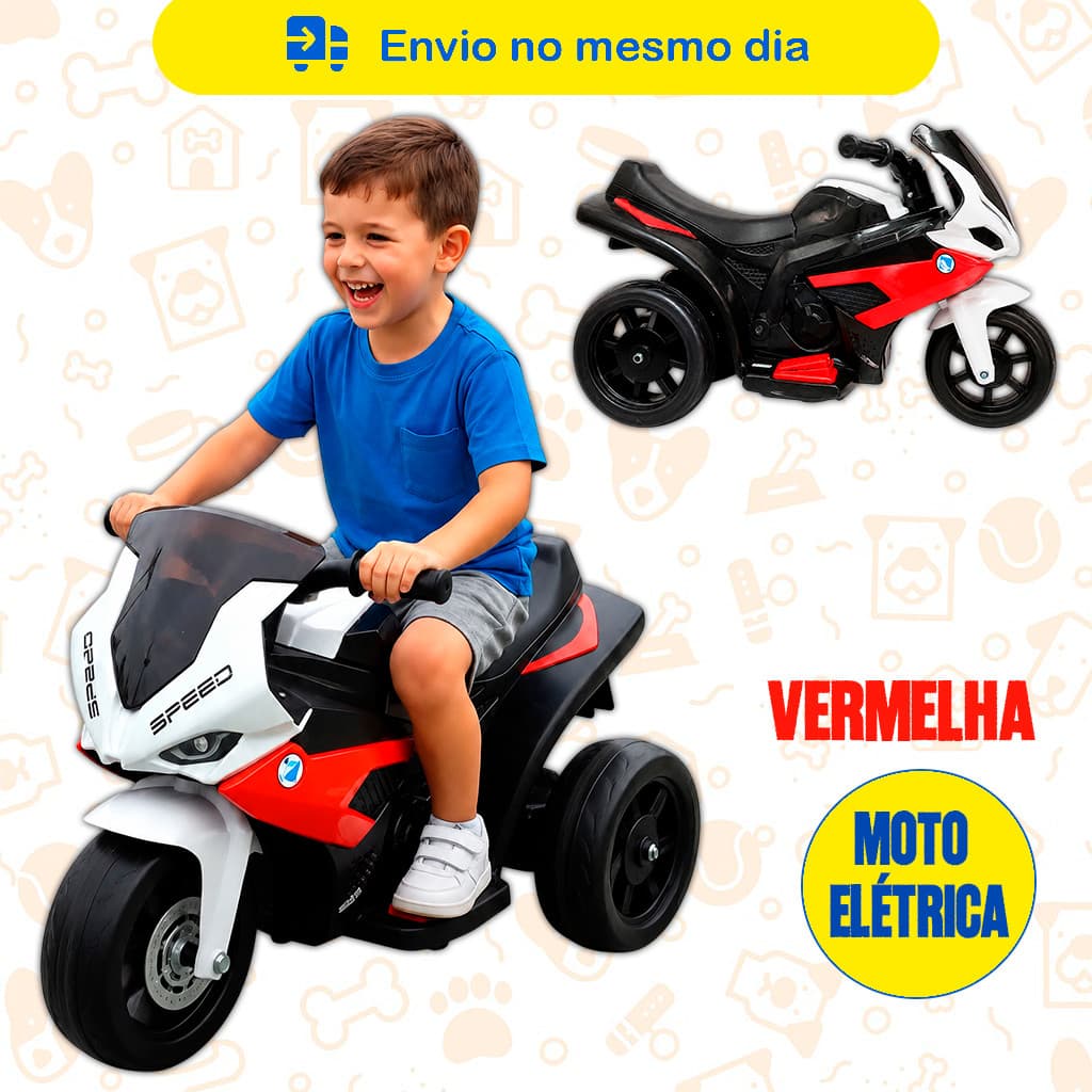 Moto Elétrica Infantil Super Moto 3 Rodas Som Luz Frente e Ré Vermelho e Azul