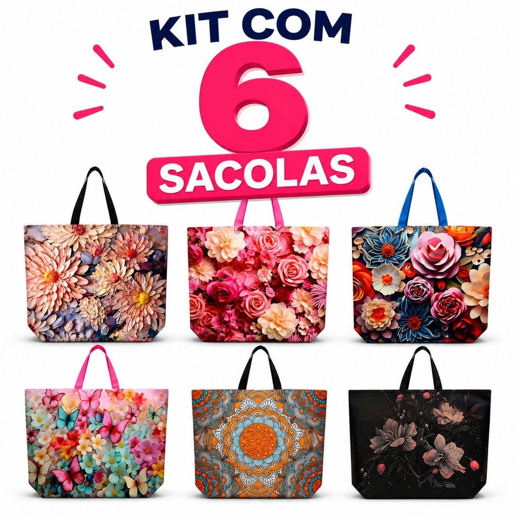 Kit Bolsa com 6 Sacolas Ecobag Sacola de Presente em Poliester 32x42 cm Compras Dia a Dia