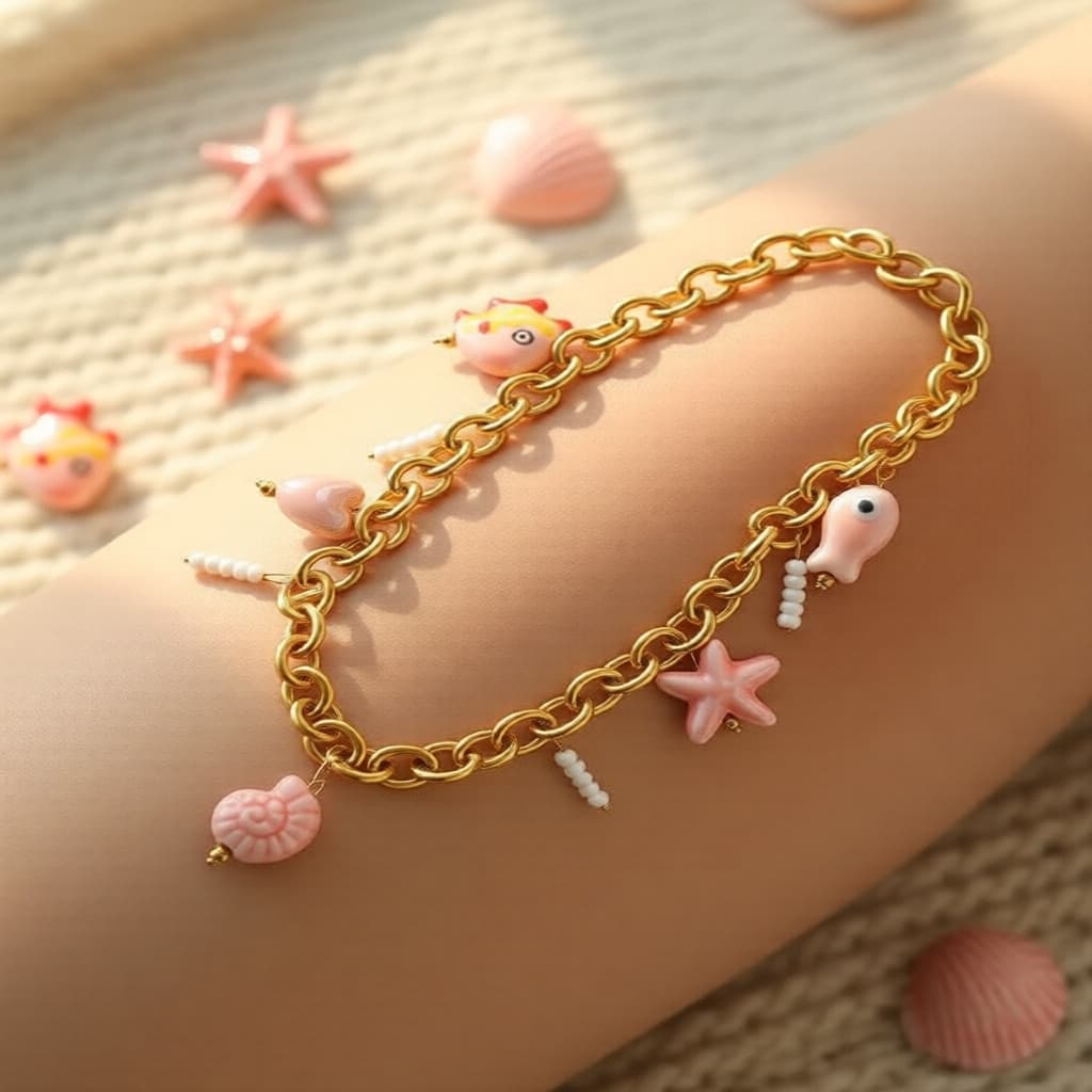 Colar de Contas com Coração Rosa e Estrela do Mar, Uso Diário para Meninas
