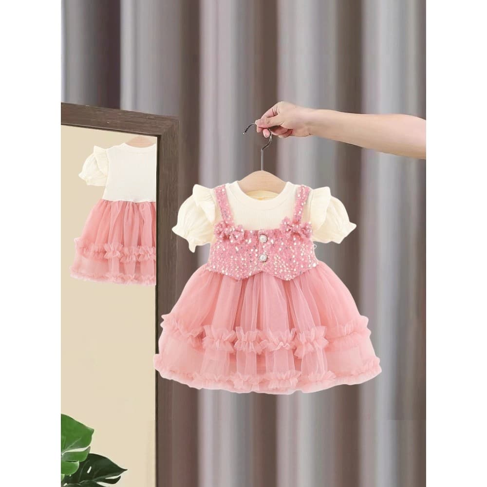 Meninas de manga curta vestido de princesa verão 2026 novo estilo moda crianças verão vestido de um ano de idade vestido