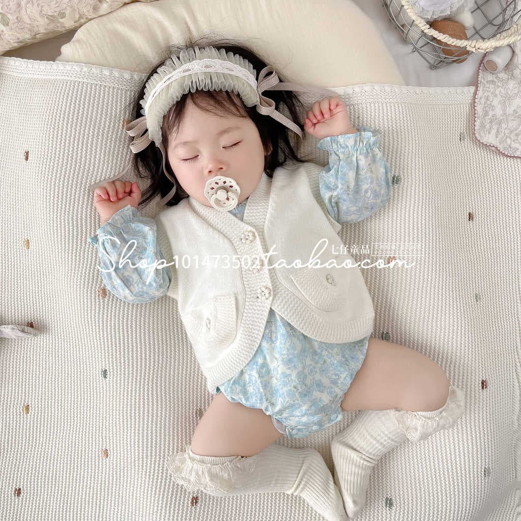 2024 outono influenciador bebê menina versão coreana Floral embrulho roupas bebê criança com decote em V lã colete jaque