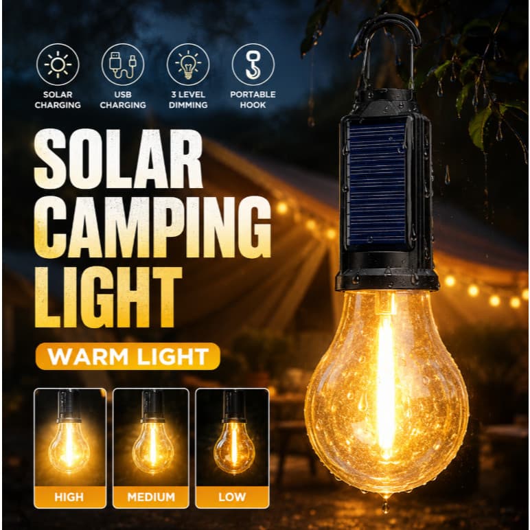 Lâmpada Solar LED Recarregável | Carregamento Solar e USB | 3 Níveis de Brilho | Gancho Integrado | Camping MT340