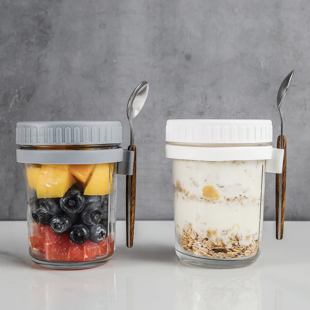[Oferta especial tem produtos] Com colher Copo de aveia Copo de café da manhã de vidro Copo de iogurte portátil Caixa pa