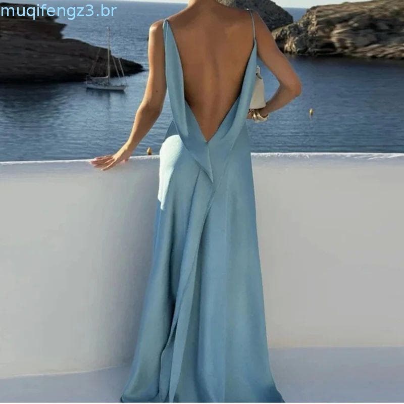 Vestidos Elegantes Femininos com Fenda, Vestido Longo Sem Mangas e Costas Abertas, Cor Sólida, Verão 2025, Vestidos Slim