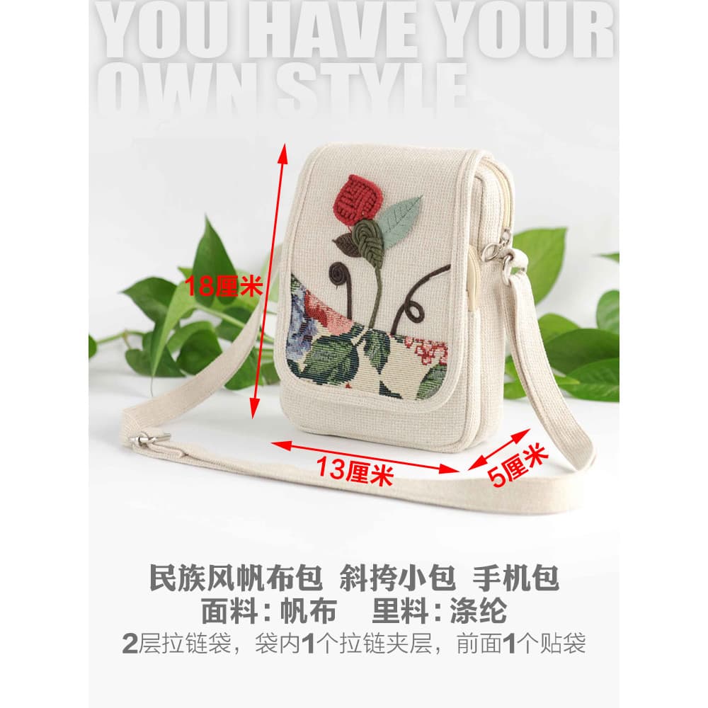 Estilo étnico bolsa de lona tecido flor saco do telefone móvel verão pequeno saco de ombro saco do mensageiro bolsa de m